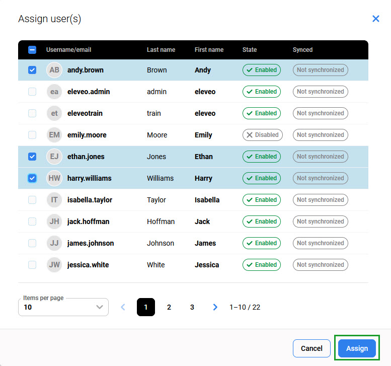 User selection window with the Assign button highlighted