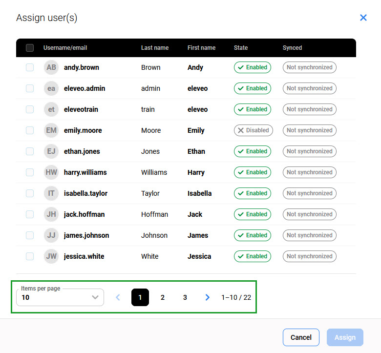 Pagination controls at the bottom of the user selection window