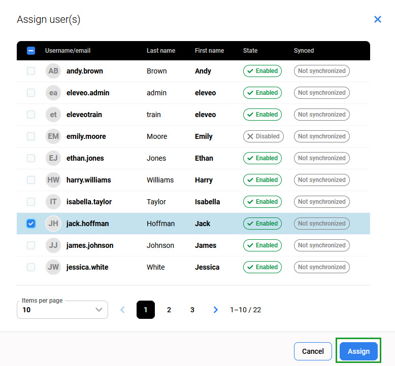 User selection window with the Assign button highlighted